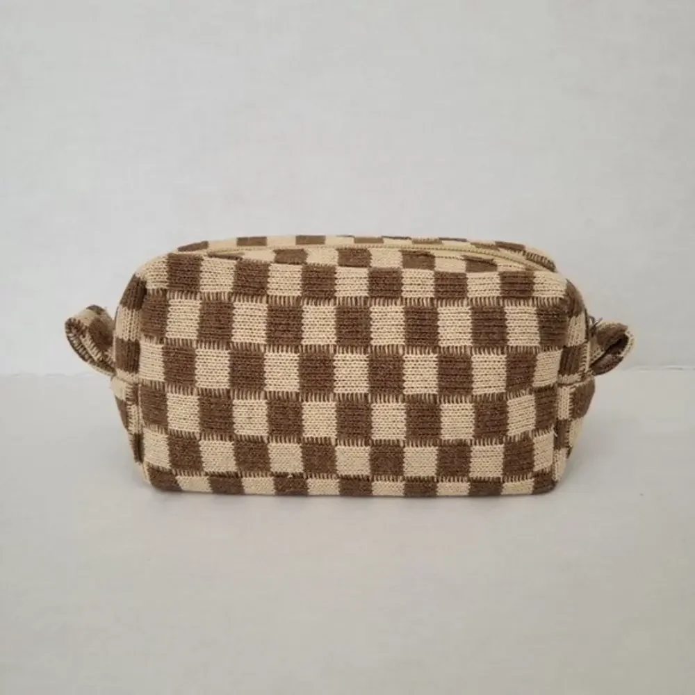 Checkered Print Cosmetic Make Up Beauty Bag in‎ Brown and Beige